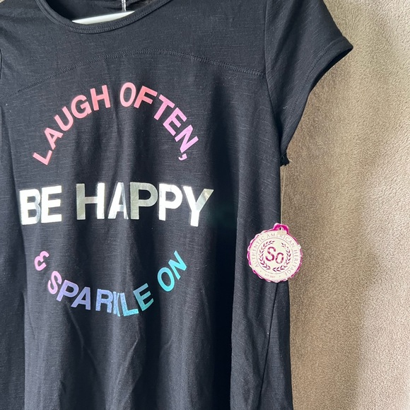 S0 girls black graphic tee ruched back laugh often Be Happy & sparkle on size 16 - Picture 3 of 7